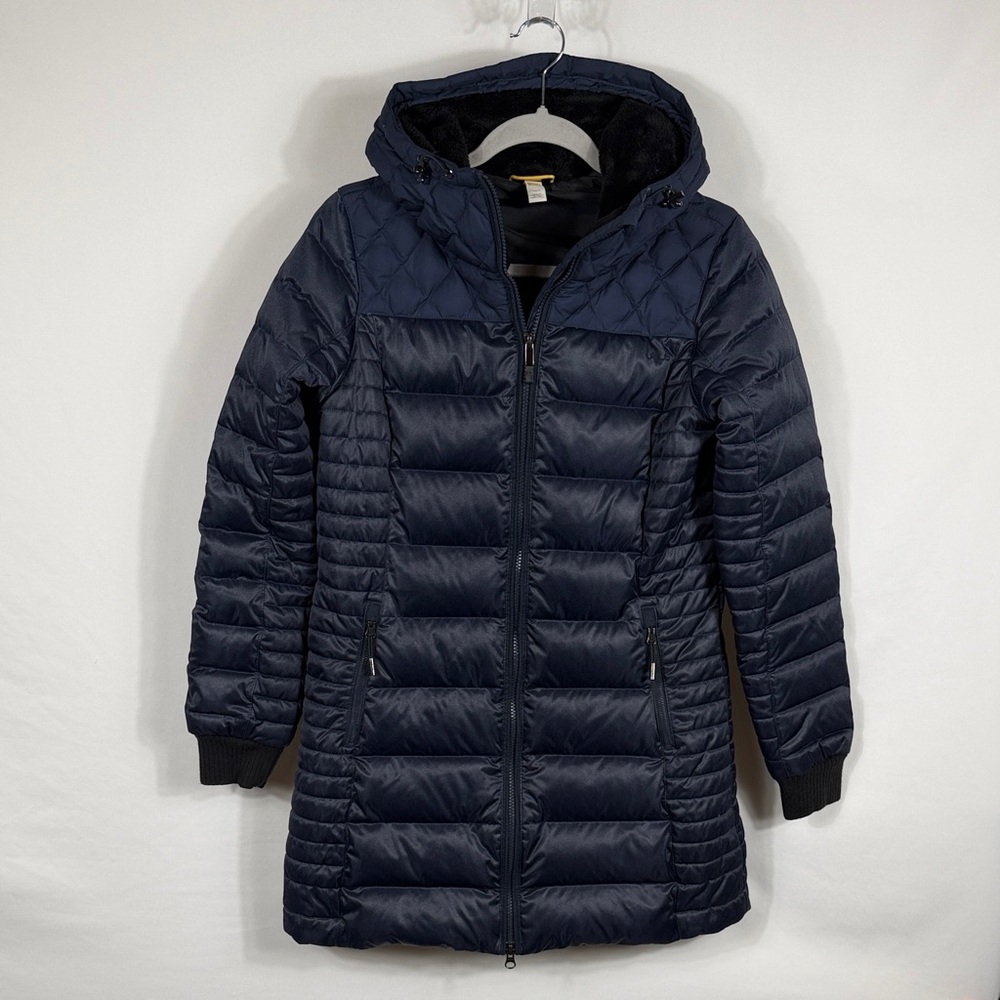 Lole Women's Long Navy Down Filled Quilted Faux Fur Hooded Puffer Jacket. Size M